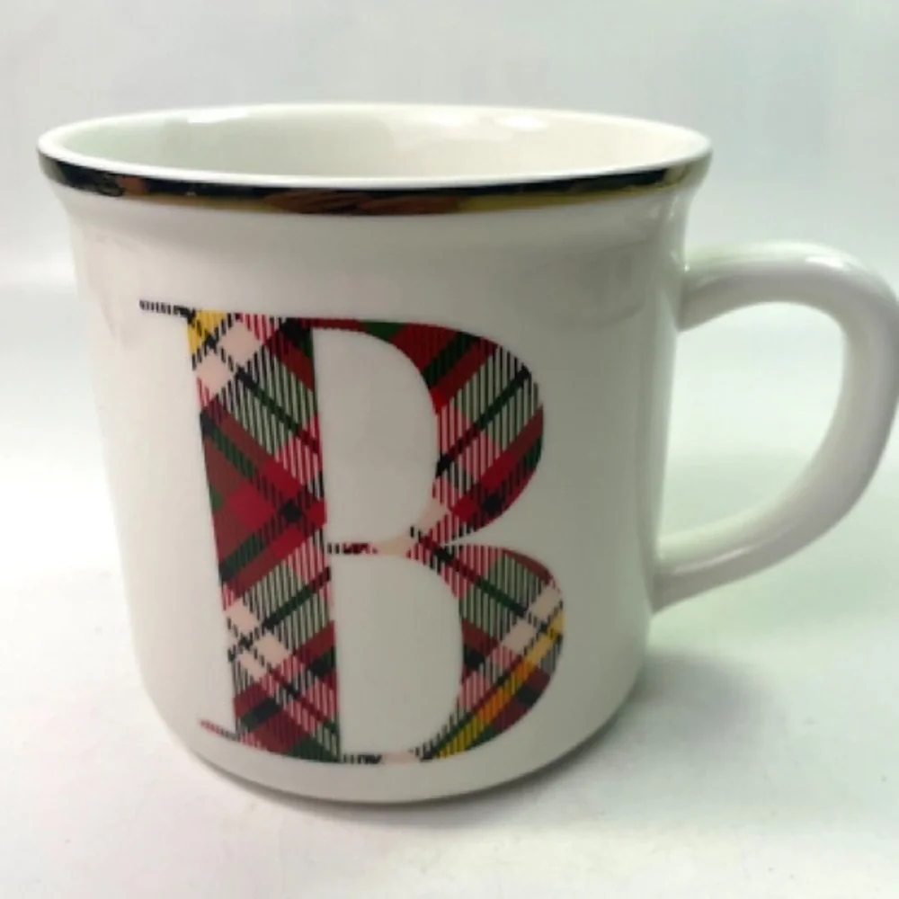 Pottery Barn Plaid Alphabet Stoneware Mug Letter B Initial Personalized 16oz
